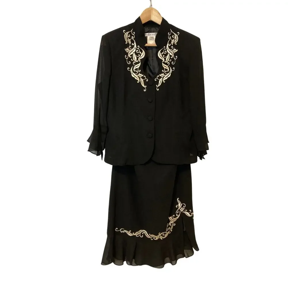 Vintage Plaza South Black Ruffle Embroidered Two Piece Blazer Skirt Set Suit